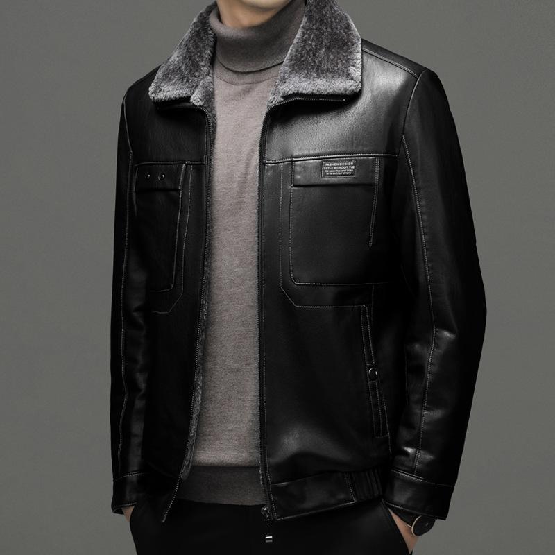 Куртка из натуральной кожи для мужчин, кожаная куртка для папы среднего возраста, мужская бархатная повседневная куртка из овчины, все в одном