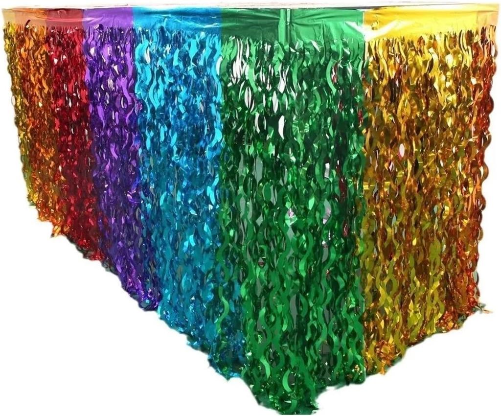 Sequin Table Skirt Rainbow Gradient Table Skirt Wavy Design Foil Fringe Party Decoration Metallic | Color 1