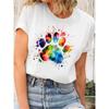 Colorful Cartoon Pattern Dog Paw Print Round Neck T-Shirt Summer And Spring Casual Cartoon Pattern Short Sleeved Women'S Top