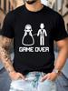 Unisexs Black Crew Neck Tee Funny Bride Tie Groom Game Over Letter Print Loose Summer Street Casual Daily Basic Short Sleeve Top