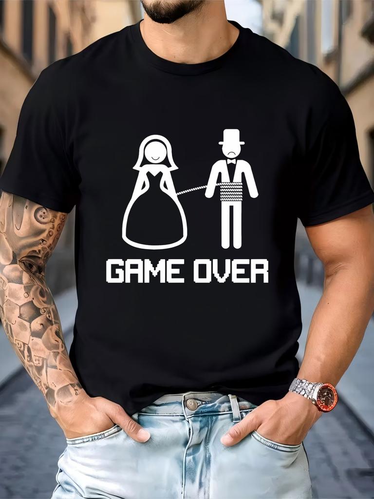 Unisexs Black Crew Neck Tee Funny Bride Tie Groom Game Over Letter Print Loose Summer Street Casual Daily Basic Short Sleeve Top