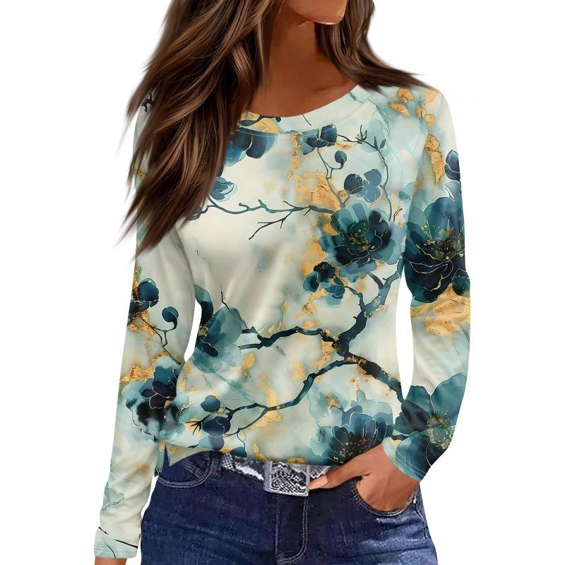 Женская повседневная футболка с 3D цветочным принтом, круглым вырезом, в стиле ретро, элегантная, с длинными рукавами, женская модная футболка-пуловер с длинными рукавами, топ