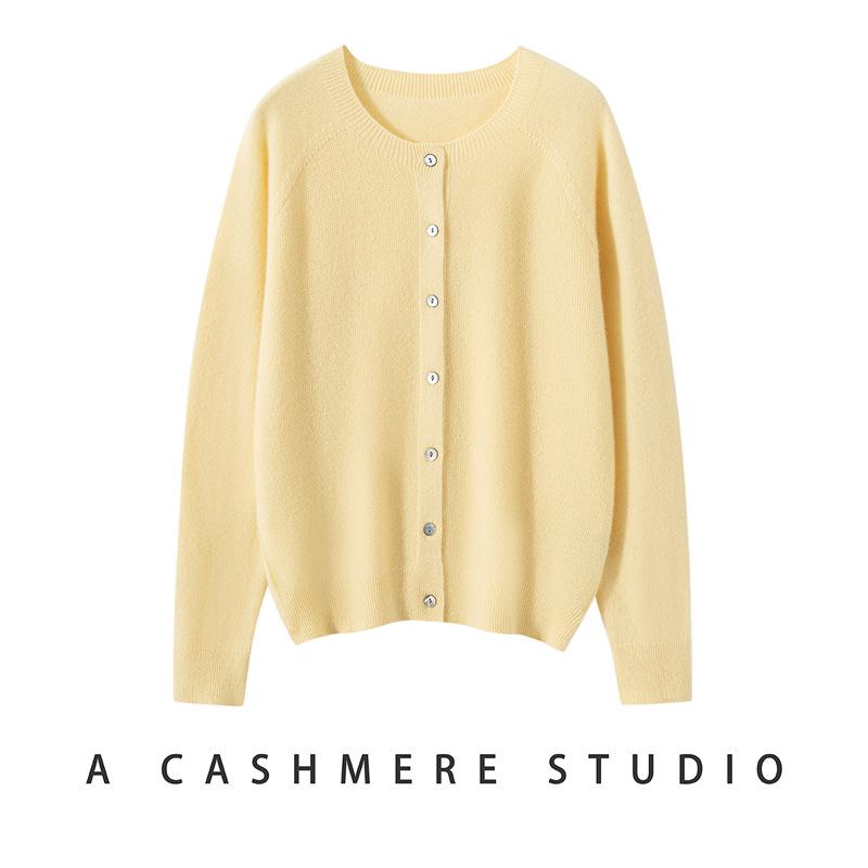 100% Pure Cashmere Osmanthus-Stitch Women's Cardigan: Autumn/Winter Solid Color, Round Neck Sweater, Warm & Versatile Knit Outerwear.