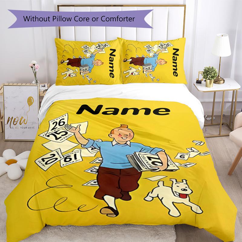 3pcs Custom Name The Adventures of Tintin Bedding Set Duvet Cover Closure Includes 1 Duvet Cover & 2 Pillowcases for All Seasons Bedroom Decor
