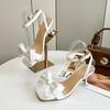 Fashion 2025  New Summer Women's High-heeled Sandals Open Toe Square Toe Buckle with Bow Decorative Buckle Solid Color Temperament