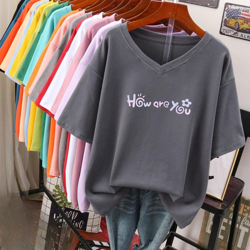 Футболка с коротким рукавом, Свободного кроя, Приталенный топ с V-образным вырезом с принтом для женщин