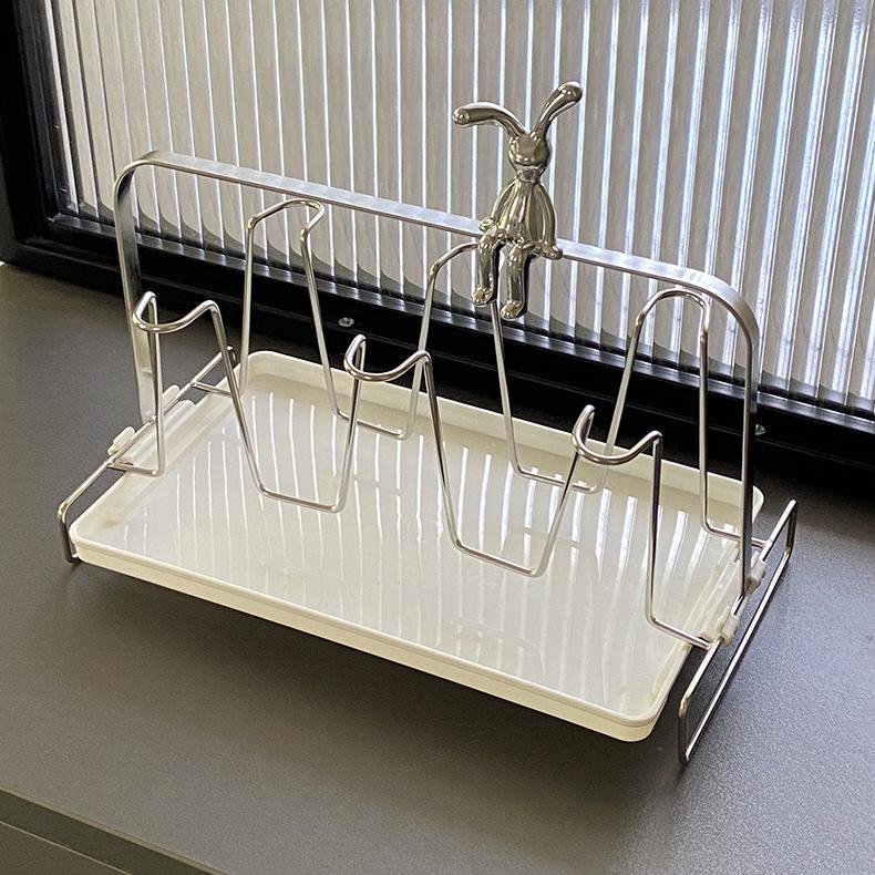 Stainless steel cup holder with water collection tray, inverted drain cup holder, iron cup holder, household 6 cups