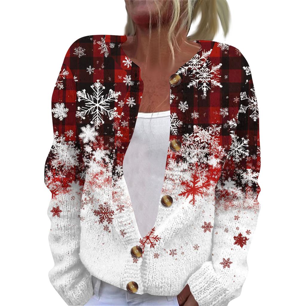 Женская мода рождественский принт длинный рукав вязаный кардиган пуховик