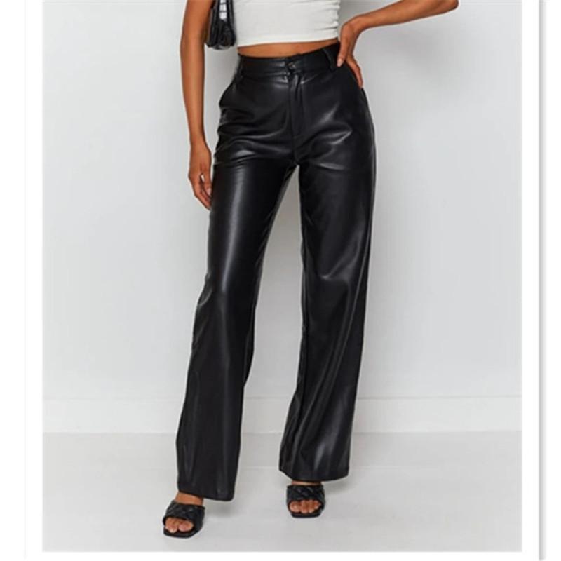 Women Solid Fashion Faux Leather Pants Slim Casual Trousers