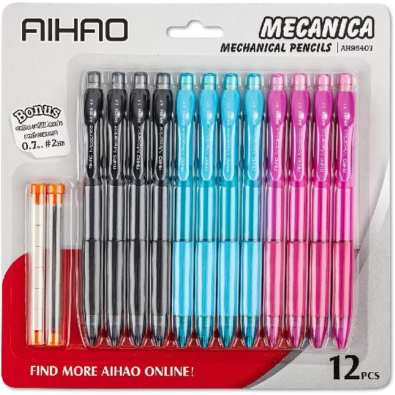 AIHAO Mechanical Pencil 0.9, Thick Point, HB lead pencils with refills and cap erasers, Comfort Grip, Assorted Barrel Colors, 12 Pack