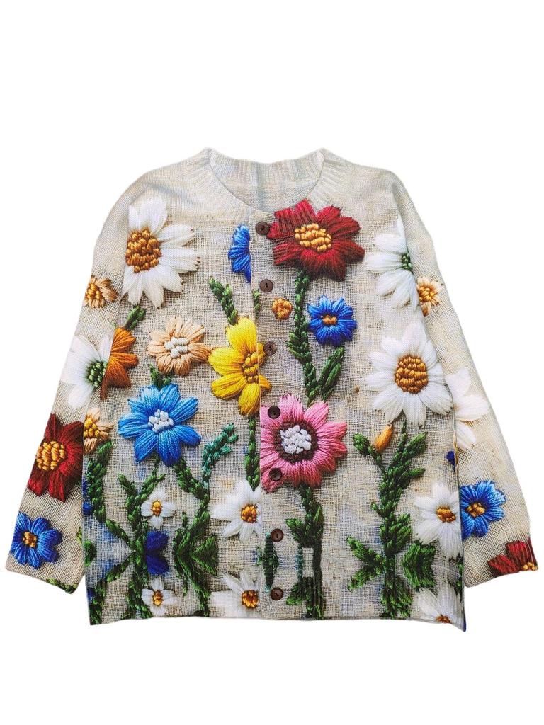 Women's Floral 3D Print Knitted Cardigan - Round Neck, Long Sleeve, Casual Spring/Winter Wear
