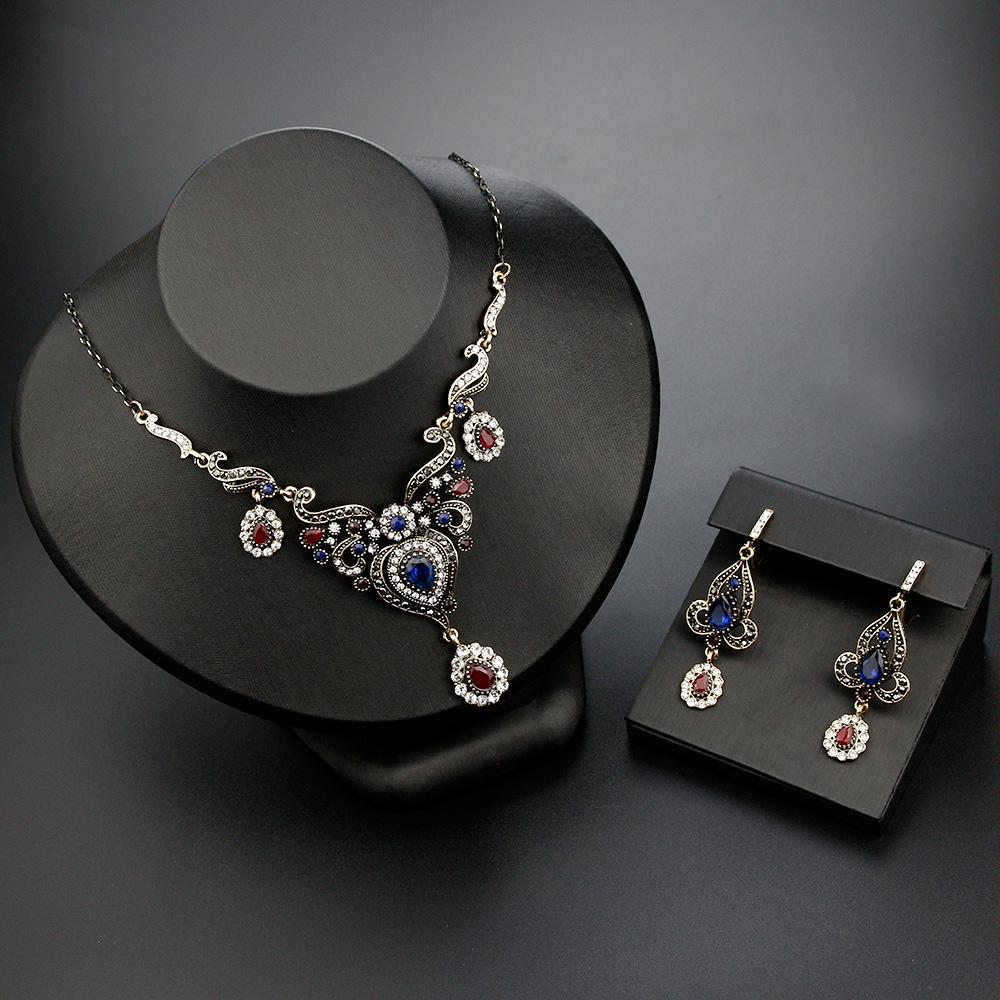 Gold Women Boho Color Vintage Bridal Wedding Jewelry Sets Bangle Earring Necklace Banquet Bijoux Retro