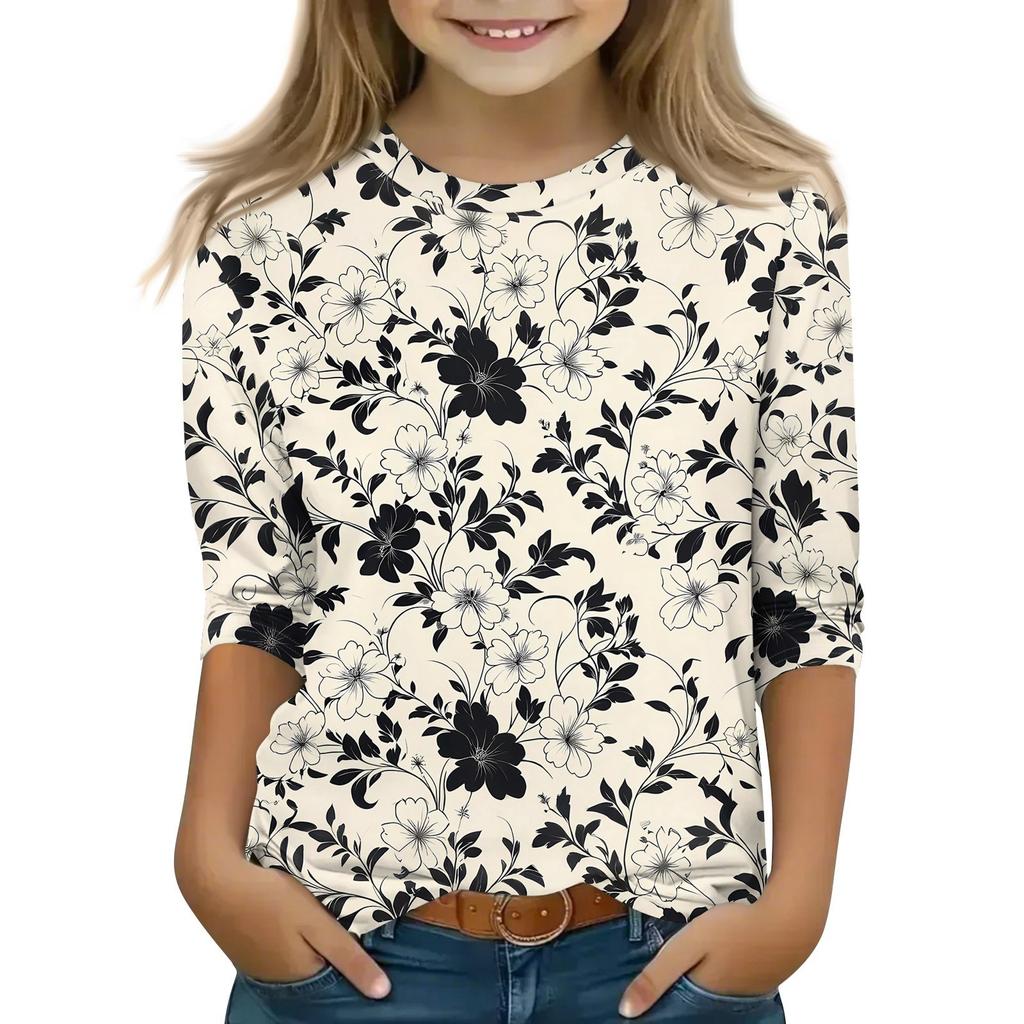 Children's 3/4 Sleeve Tops Casual Print T Shirt Round Neck Pullover Blouse