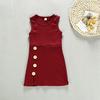 Summer Girls Sleeveless Solid Color Dress Toddler Casual Sleeveless Button Round Neck Dress