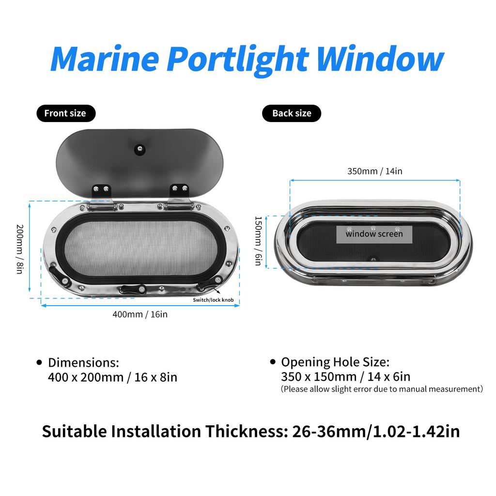Морской люк-иллюминатор, водонепроницаемое внутреннее отверстие, регулируемый угол открытия, 16 X 8 дюймов, овальный иллюминатор для яхты