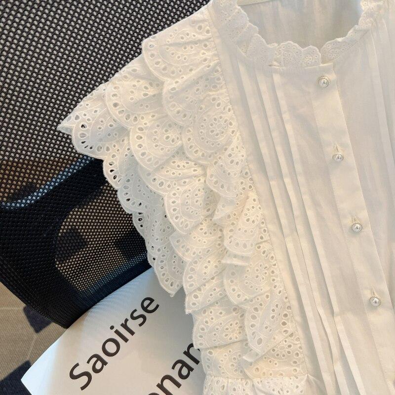 Кружевная рубашка с развевающимися рукавами и рюшами, женские летние элегантные топы без рукавов, повседневная тонкая винтажная блузка на пуговицах, женская мода 27709