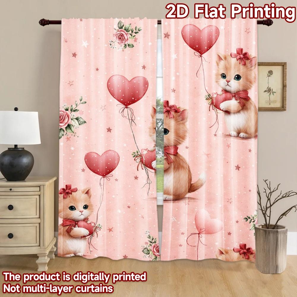 2D flat printing 2pcs Curtain Scene Curtain Valentine's Day Cute Kittens Digital Printed Polyester Drapes Festive Wall Decor for