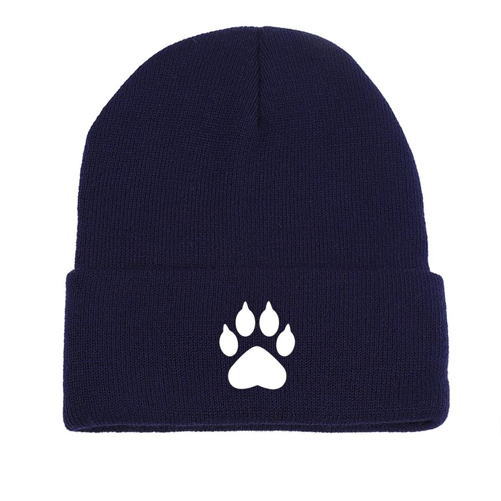 White Cat Paw Print Print Knitted Cap Beanie, Man Cap Stretchy Winter Simple Bobble Hat Knit Hat Beanie