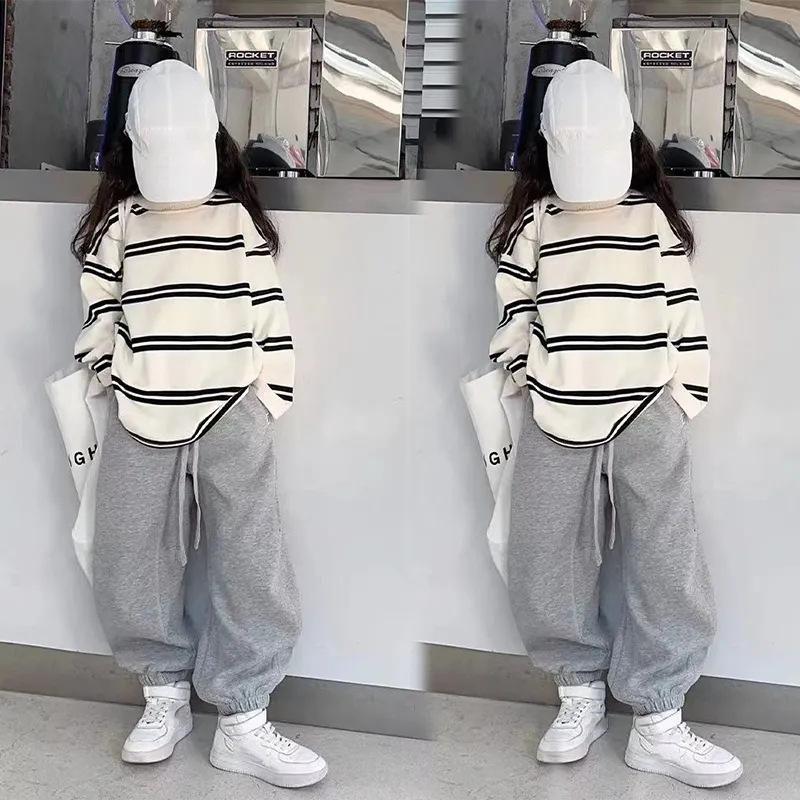Korea Style Simple Kids Clothes Girl 2Pcs Set Clothing Long Sleeve Striped+Loose Pant Outfits for Teen Girl 6 8 10 12 14Y