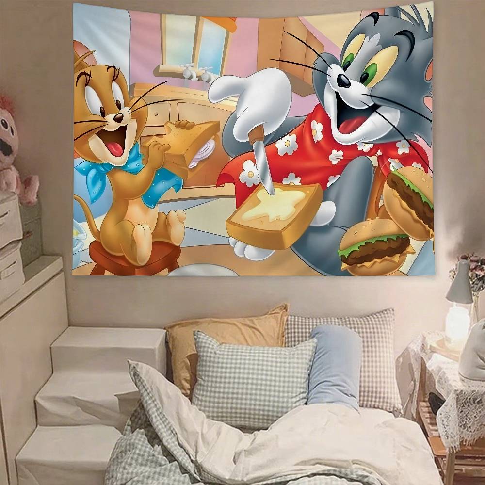 Cute TTom And Jerry Tapestry Wall Hanging Tapestry Art Deco Blanket Curtain Hanging At Home Bedroom Living Room Decor