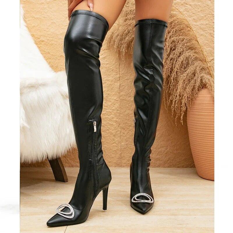 Eilyken Сексуальные сапоги выше колена с острым носком, модные женские зимние длинные ботильоны на тонком высоком каблуке с молнией сбоку