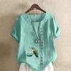Women's New Fashion Linen Shirt Round Neck Short Sleeve Bird Printed T-shirt Summer Ladies Casual Plus Size Blouse Tops