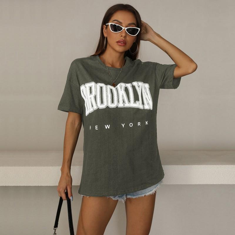 YYFS Женские модные повседневные свободные футболки и топы с короткими рукавами и круглым вырезом с буквенным принтом