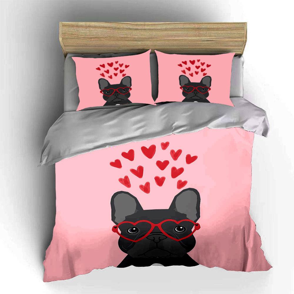 French Bulldog with Hearts Bedding Duvet Cover Set Duvet Cover Pillowcases  (1*Duvet Cover 2*Pillowcases, without duvet insert)