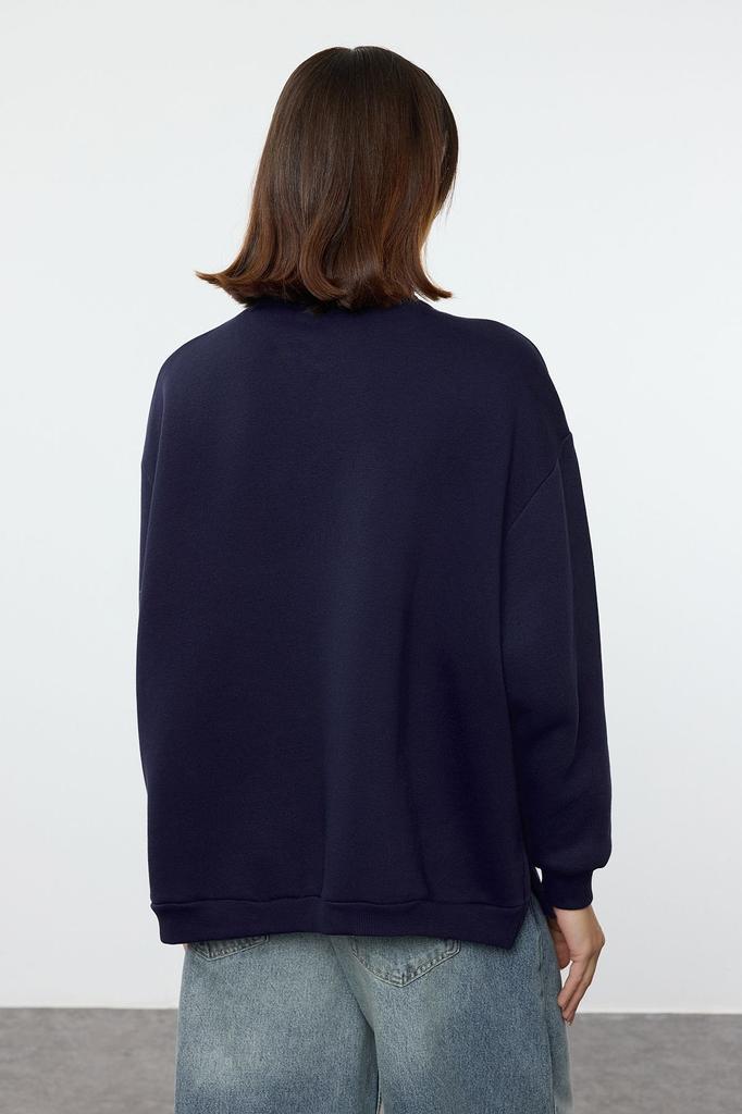 Женская модная стильная толстовка темно-синего цвета с застежкой-кнопкой большого размера с окантовкой из толстого флиса внутри вязаная толстовка