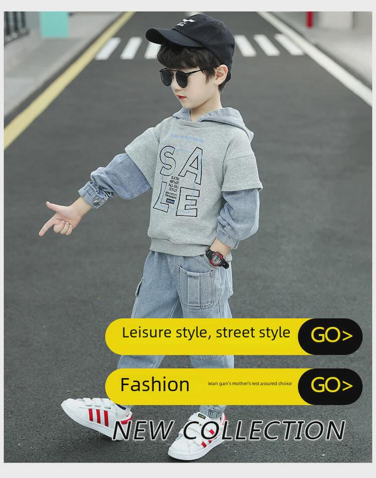 2022 Spring & Autumn Hooded Denim Suit for Boys: Stylish Two-Piece Outfit for Children