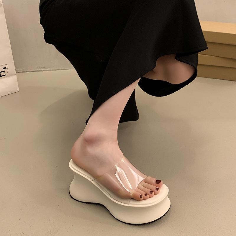 Super High Heel Thick Sole One-word Cool Slippers for Women's Summer Wear New Height-increasing Small Transparent Waterproof Table Sandals