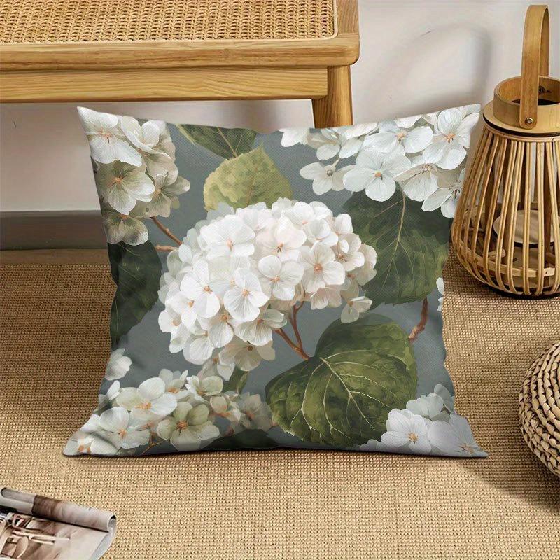 1pc Elegant Floral Pillowcase - Large 18X18 Inches (45X45 Cm) White Hydrangea And Green Leaves Print - Zipper Closure, Machine Washable - Suitable for