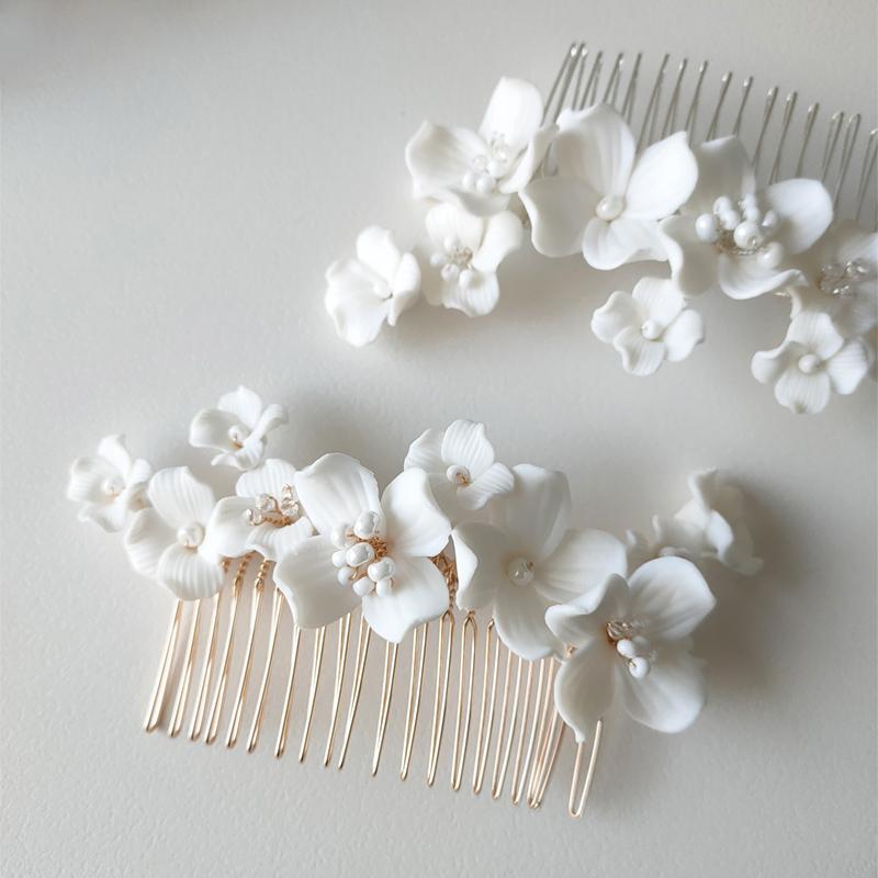 Romantic White Ceramic Flower Bridal Hair Comb Bridesmaid Wedding Accessories Hair Piece Jewelry