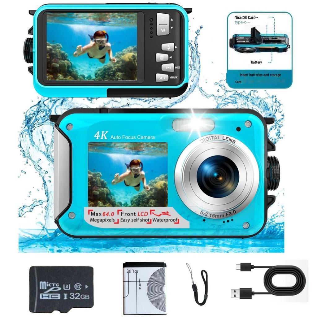 4K Подводная камера, 64 МП Автофокус, Водонепроницаемая с HD Двойными Экранами для Селфи