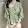 Women Casual V-Neck 3/4 Sleeve Lace Up Loose Blouse