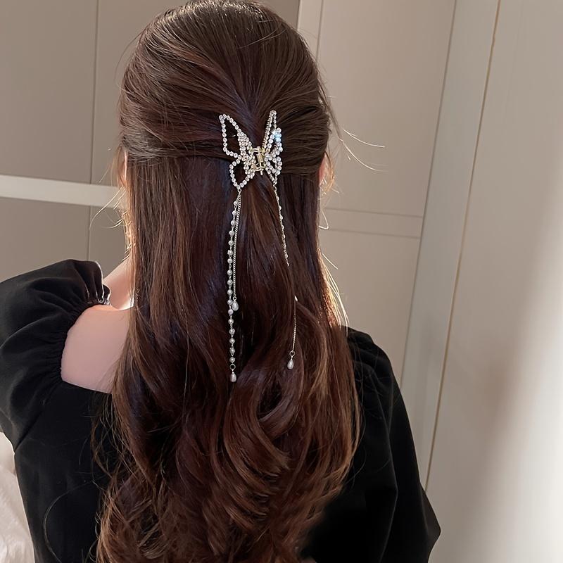 5.5cm Rhinestone Hollow Butterfly Pearl Tassel Hair Grab
