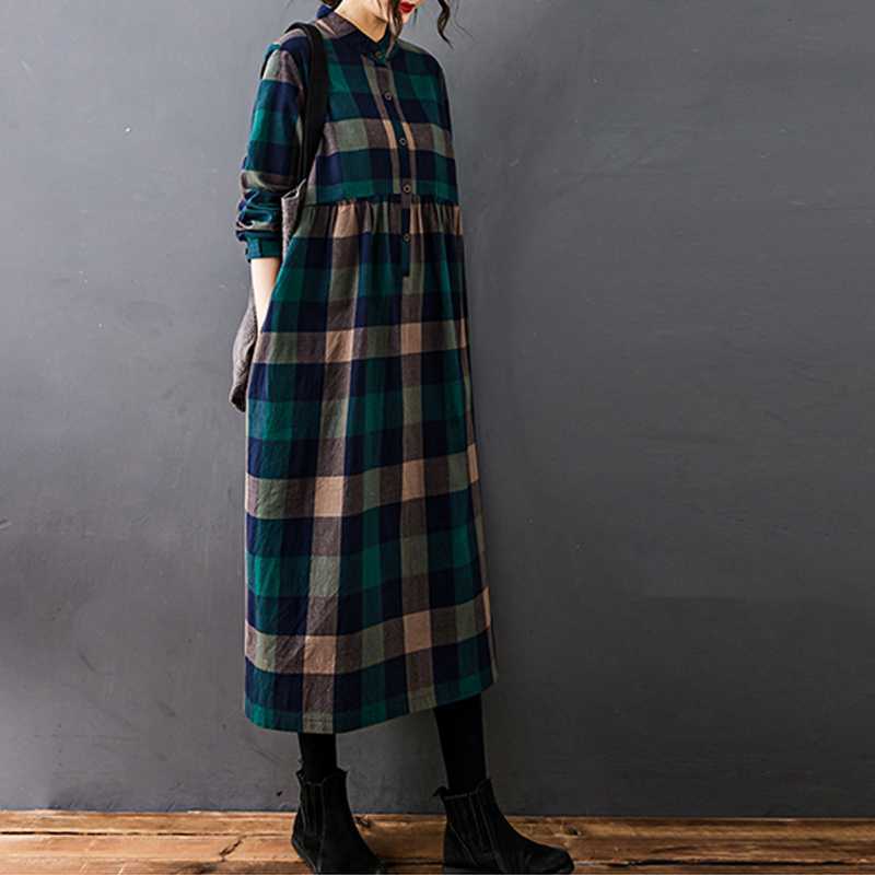 Women's Loose Spliced Cotton Linen Long Sleeved Dress