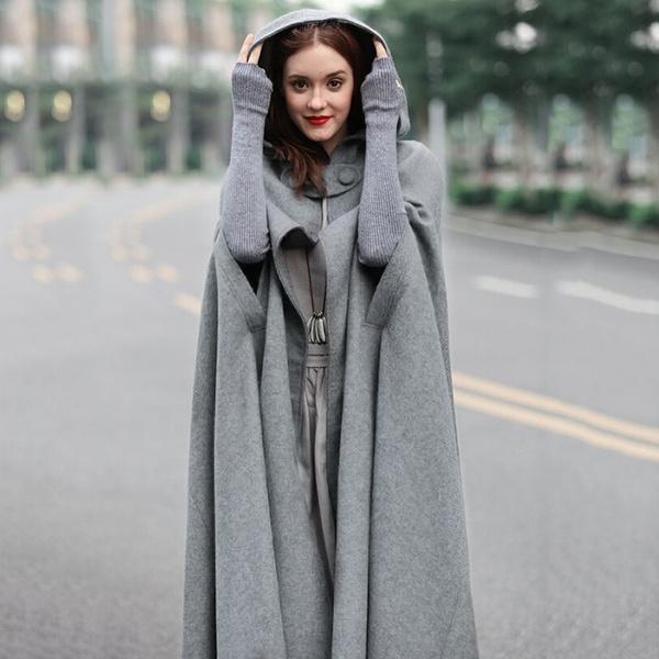 Autumn Winter Gothic Trendy Maxi Hooded Wool Cloak Cardigan Coat Maxi Cashmere Hoodie Long Cape Costume Cosplay Outerwear