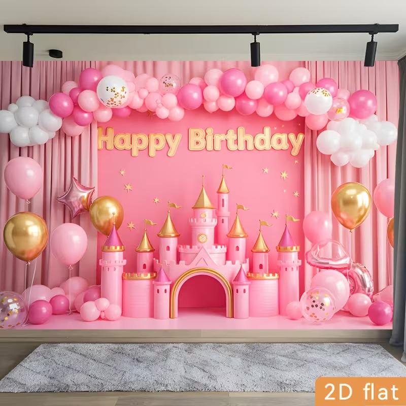 2D Pink Castle Happy Birthday Party Backdrop Princess Balloon & Curtain Photography Background