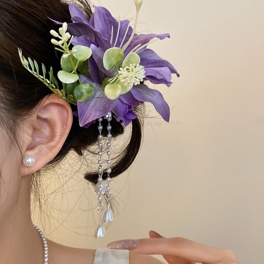 Pearl Flower Hairpin Colorful Ancient Style Hanfu Hair Accessories Side Clip Headpieces Chinese Style Hair Clip