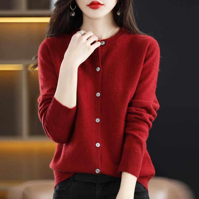 Knitted Cardigan Round Neck Sweater Women's Long Sleeved Solid Color Button Down Sweaters Jacket
