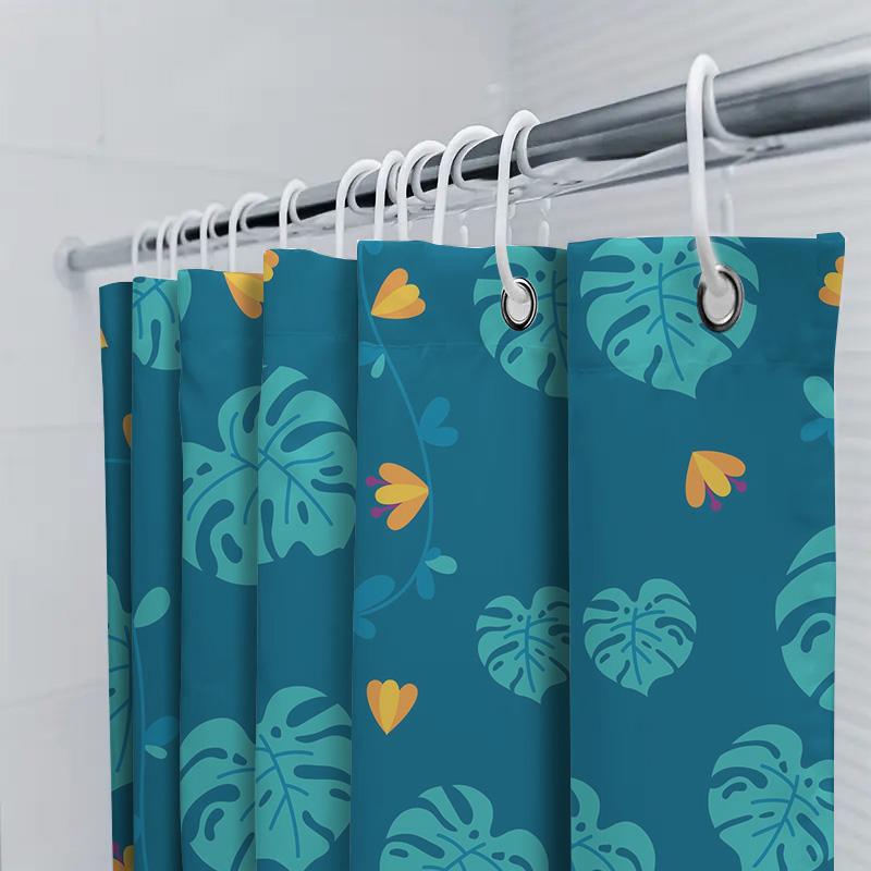 Blue Pattern Shower Curtain Home Decor Waterproof Bathroom Liner for Bathtub Tropical Leaves with Yellow Flowers Design (180x205