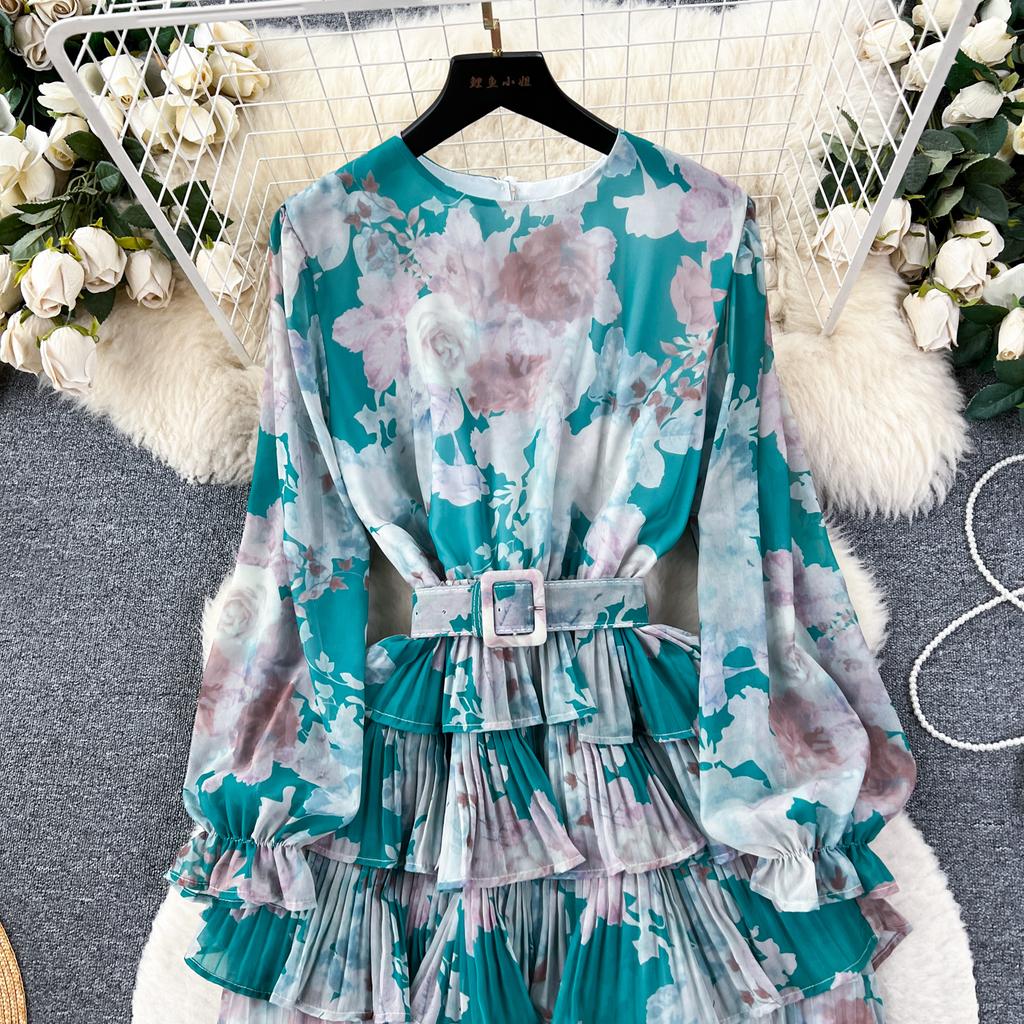 Новое осеннее элегантное женское платье с круглым вырезом и принтом в стиле пэчворк, складками и оборками, с длинными рукавами и высокой талией