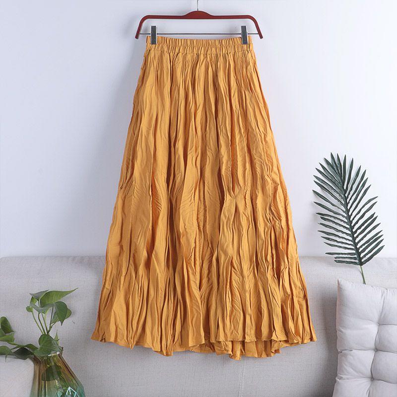 MOJTA Women's Mid-length Skirt Spring Summer Elastic High Pleated Waist Skirt A-line Skirt