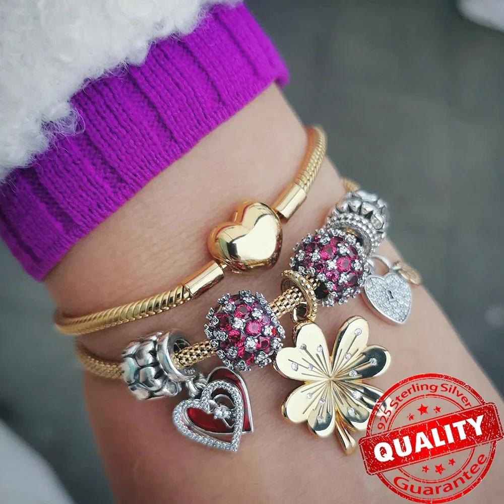 925 Silver Gold Heart Charms Beads Sparkling MapleLeaf Pendant For Women Bracelet DIY Jewelry Gift