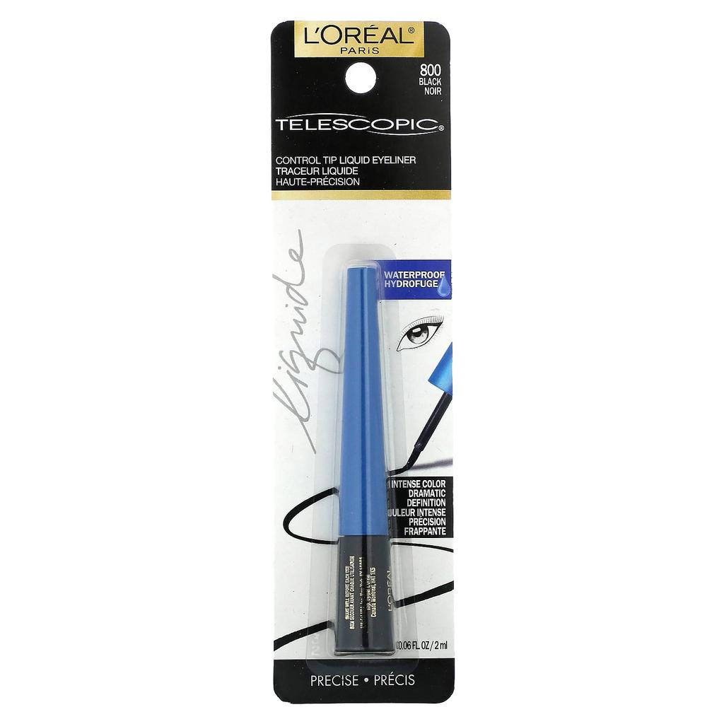 L'Oréal, Телескопическая жидкая подводка для глаз с контролируемым кончиком, водостойкая, 800 черный, 0,06 жидких унций (2 мл)