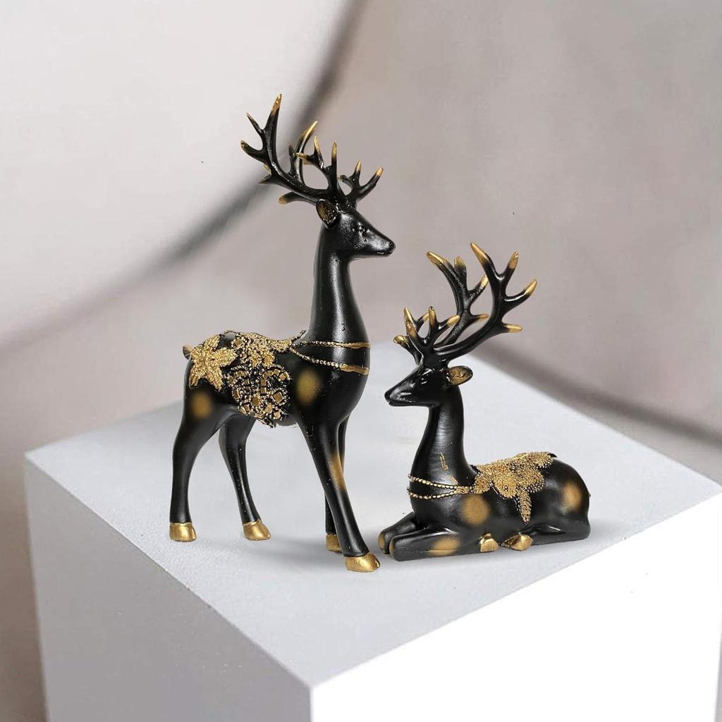New Resin Golden and Black Reindeer Sculptures | Beautiful Home Decor | Lifts Up Energy of Your Room (Pack of 2, Black)