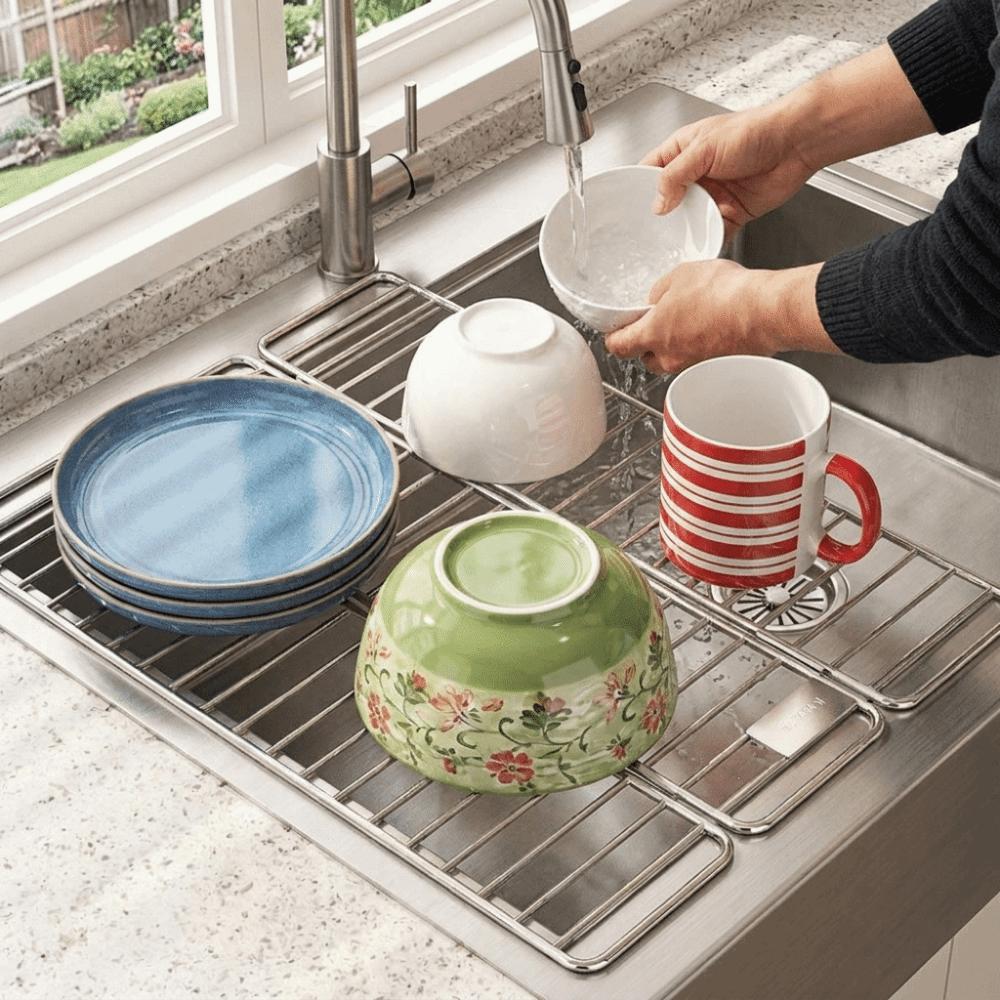 Adjustable Folding Dish Drying Rack Stainless Steel Sink Drain Rack Cups Drying