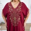 EDOLYNSA 2024 Gold Thread Embroidered Plus Size Casual Vacation Beach Dress Summer Swimsuit Coverup For Women V Neck Bat Sleeve Black Kaftan