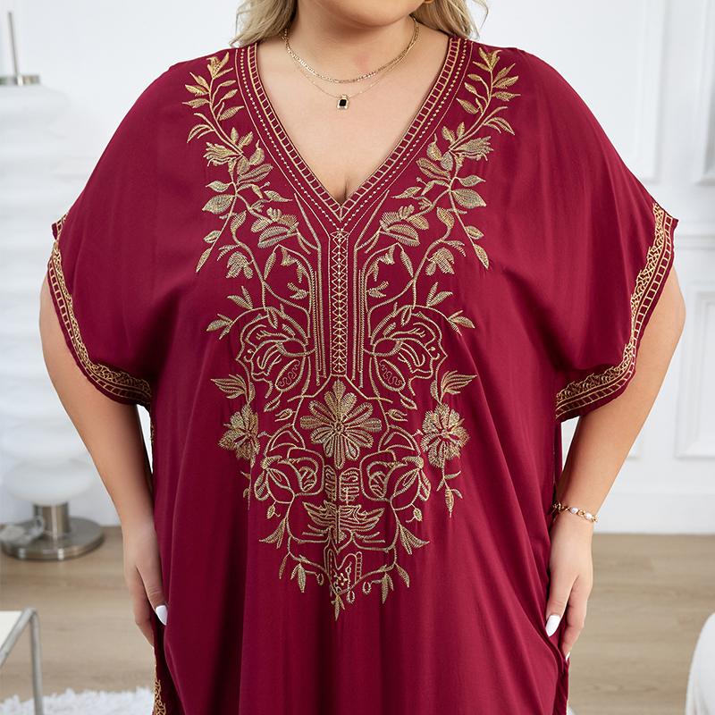 EDOLYNSA 2024 Gold Thread Embroidered Plus Size Casual Vacation Beach Dress Summer Swimsuit Coverup For Women V Neck Bat Sleeve Black Kaftan